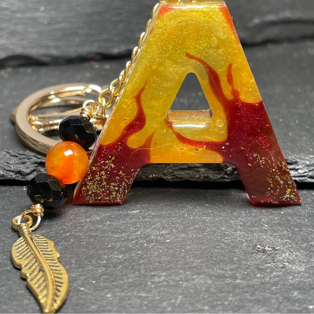 Custom Flaming Letter “A” Keychain with Carnelian Crystal And Gold Feather Charm - Picture 3 of 10